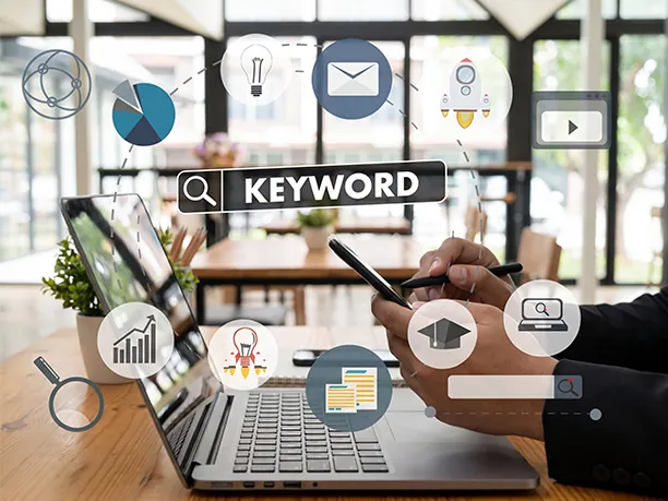 Healthcare PPC keyword research on a laptop